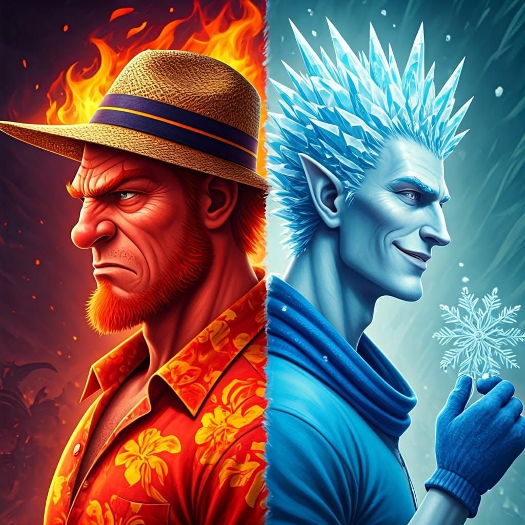 Dramatic Contrast Between Two Males in a Maximalist Digital...