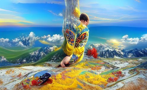 Radiant Landscape with Butterflies in Ukiyo-e Style