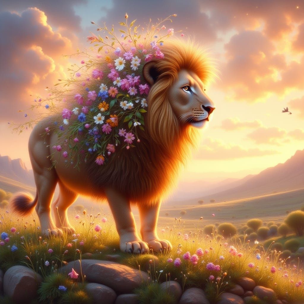 Lion with Wildflower Mane in Oil Painting Style