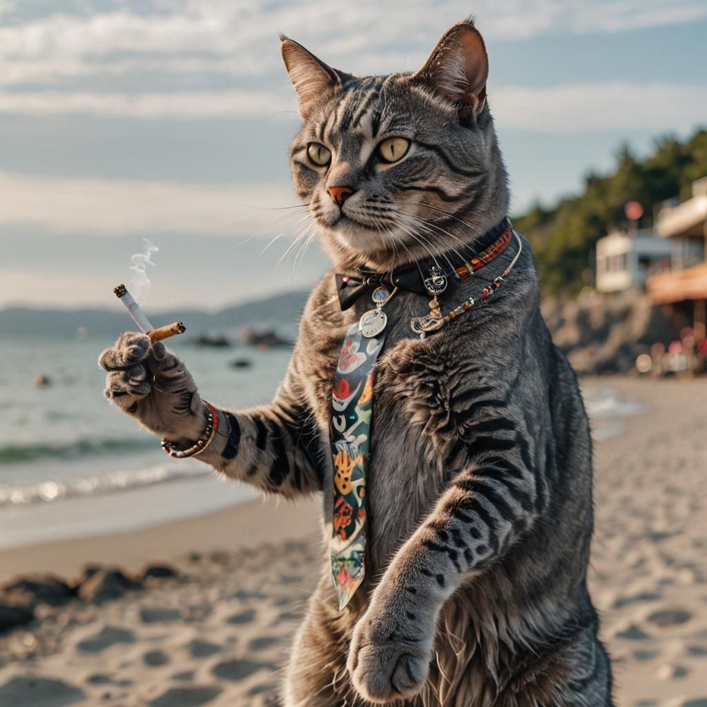 Anthropomorphic Gray Cat with Tattoo on Beach