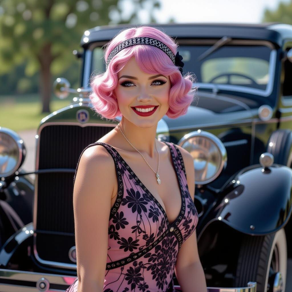 1920s Flapper Woman Poses With Vintage Car in Cinematic Phot...