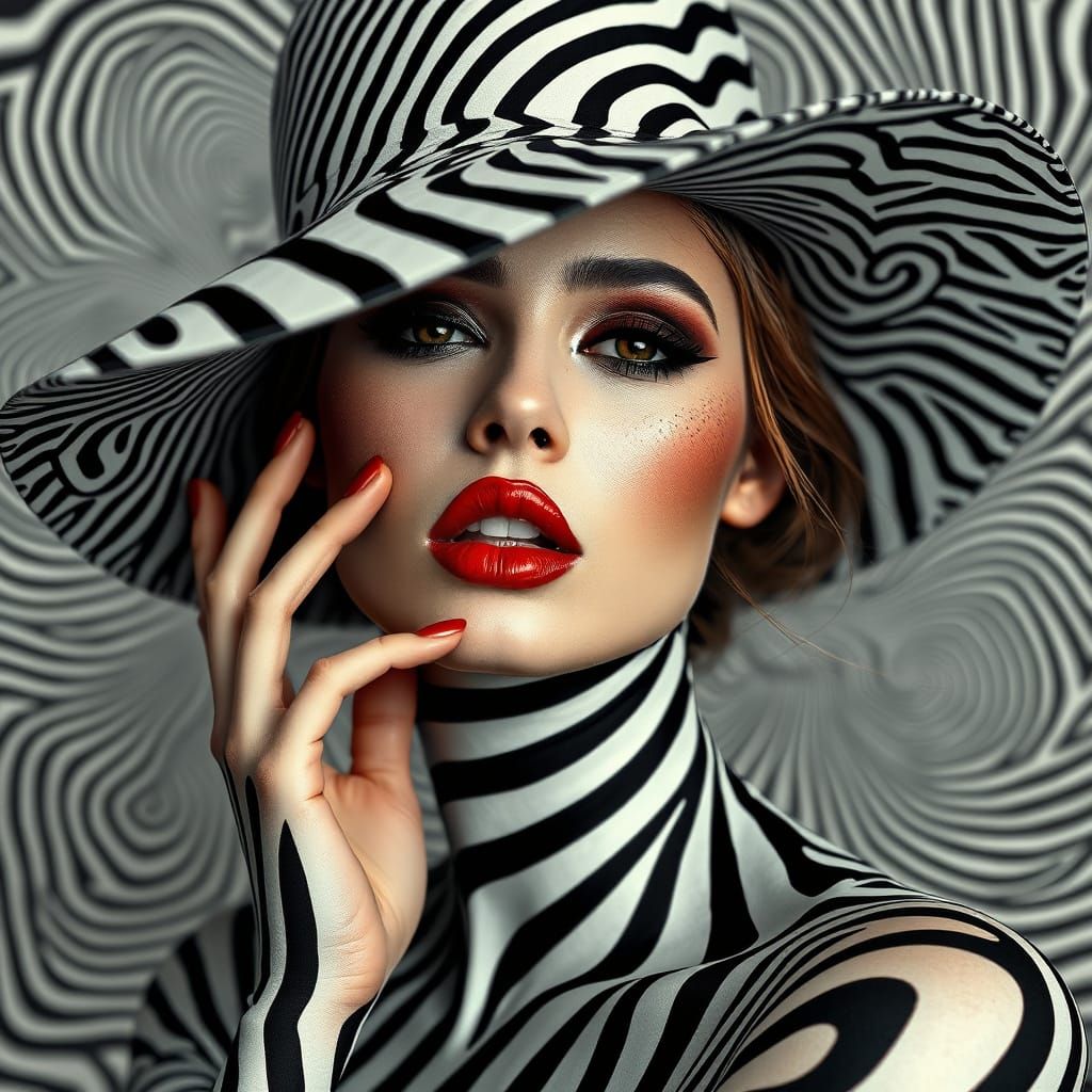 Elegant Woman in Whimsical, Optical Illusion-Inspired Hat