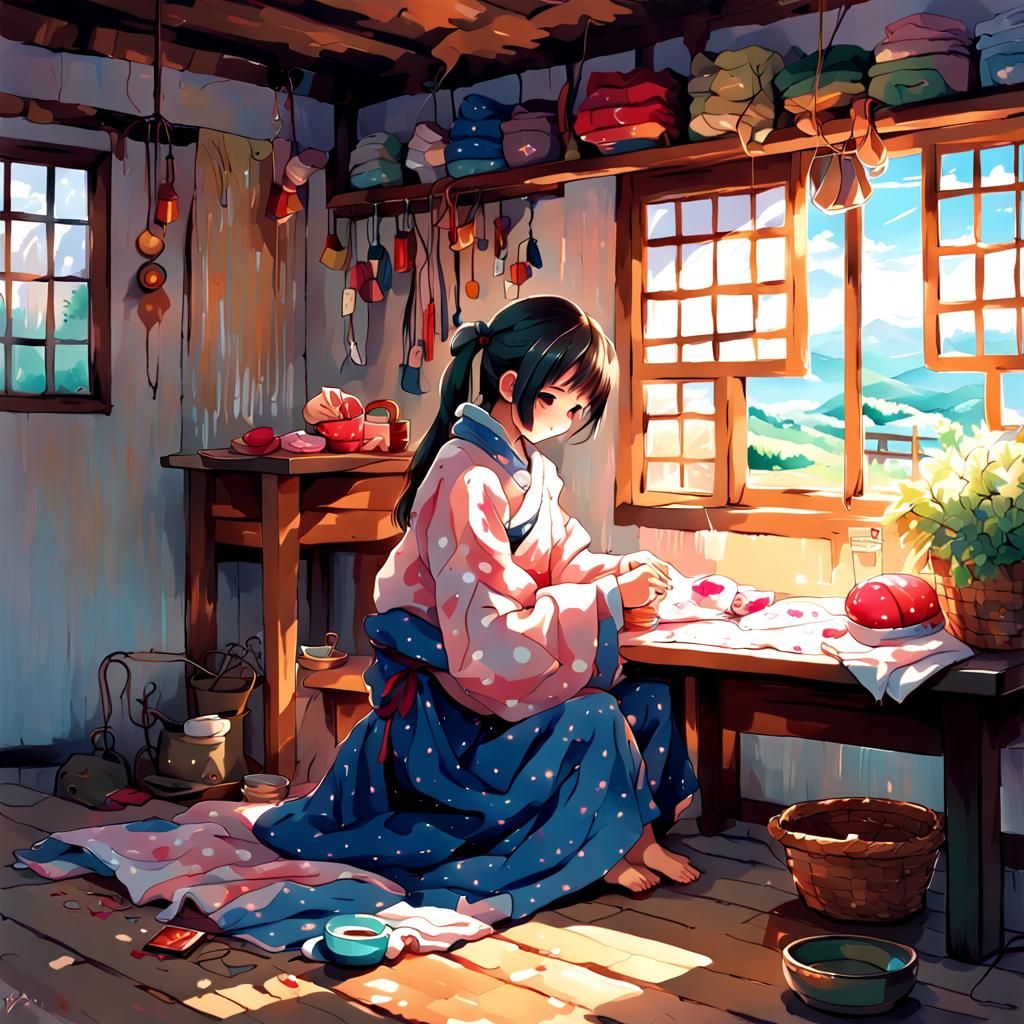 Girl Sewing Sweater in Gouache Style