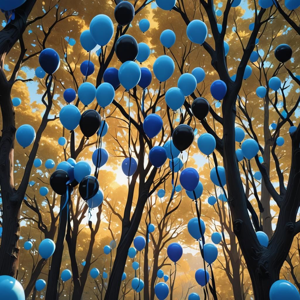 Blue and Black Balloons in Dreamlike Forest