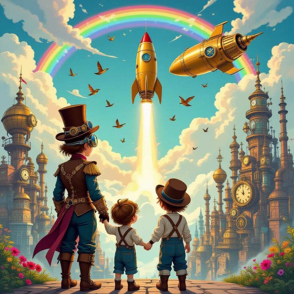 Steampunk Family Watches Golden Rocket Ascend Over Futuristi...