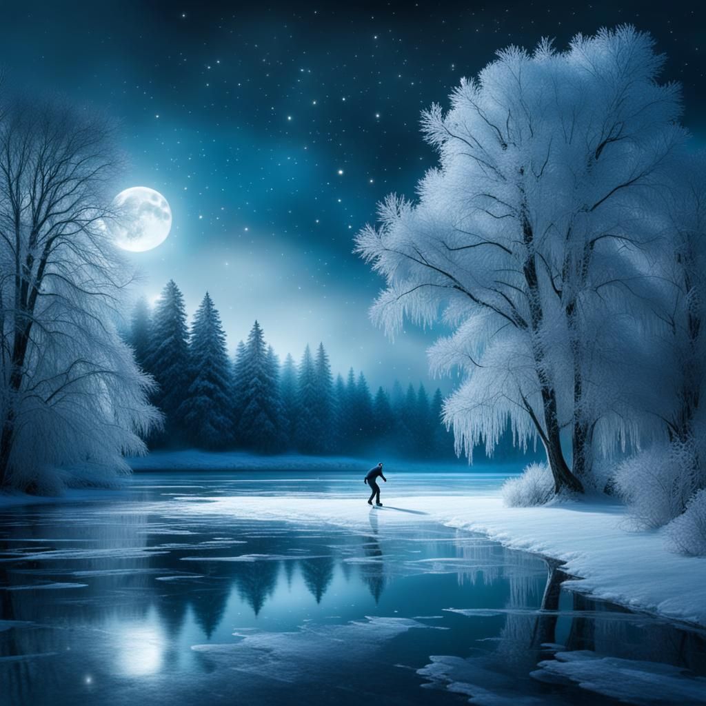 Moonlit Ice Skater on Frozen Lake: Digital Painting