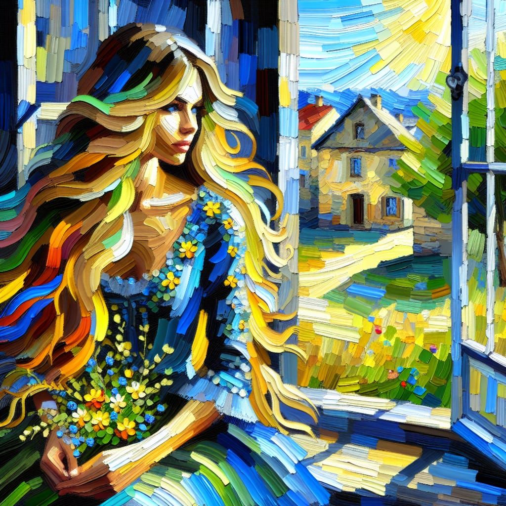 Woman in Blue Dress by Sunny Village Window