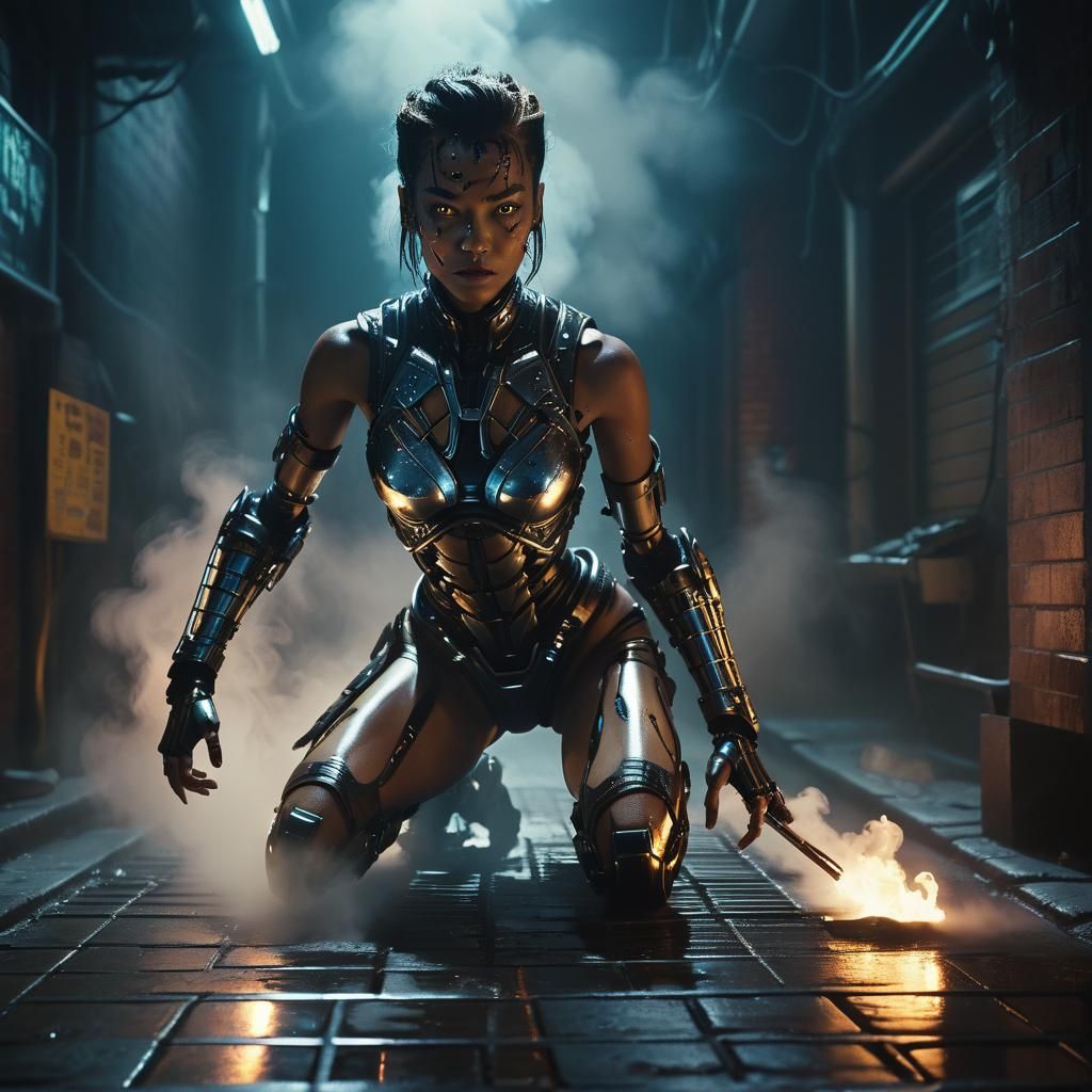 Cyborg Queen in Neon Alley: Dark Sci-Fi Film Still