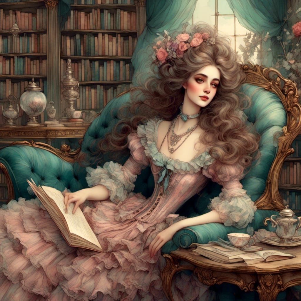 Victorian Woman Lounging in Library, Watercolor Style