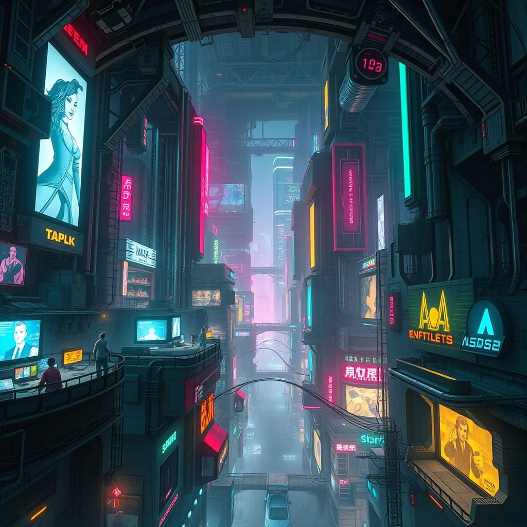 Futuristic Underground Cityscape with Neon Lights and Skyscr...
