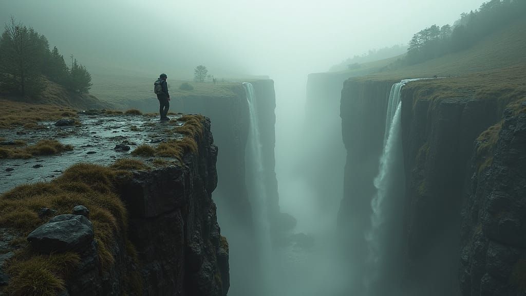 Futuristic Landscape with Waterfall and Cliff