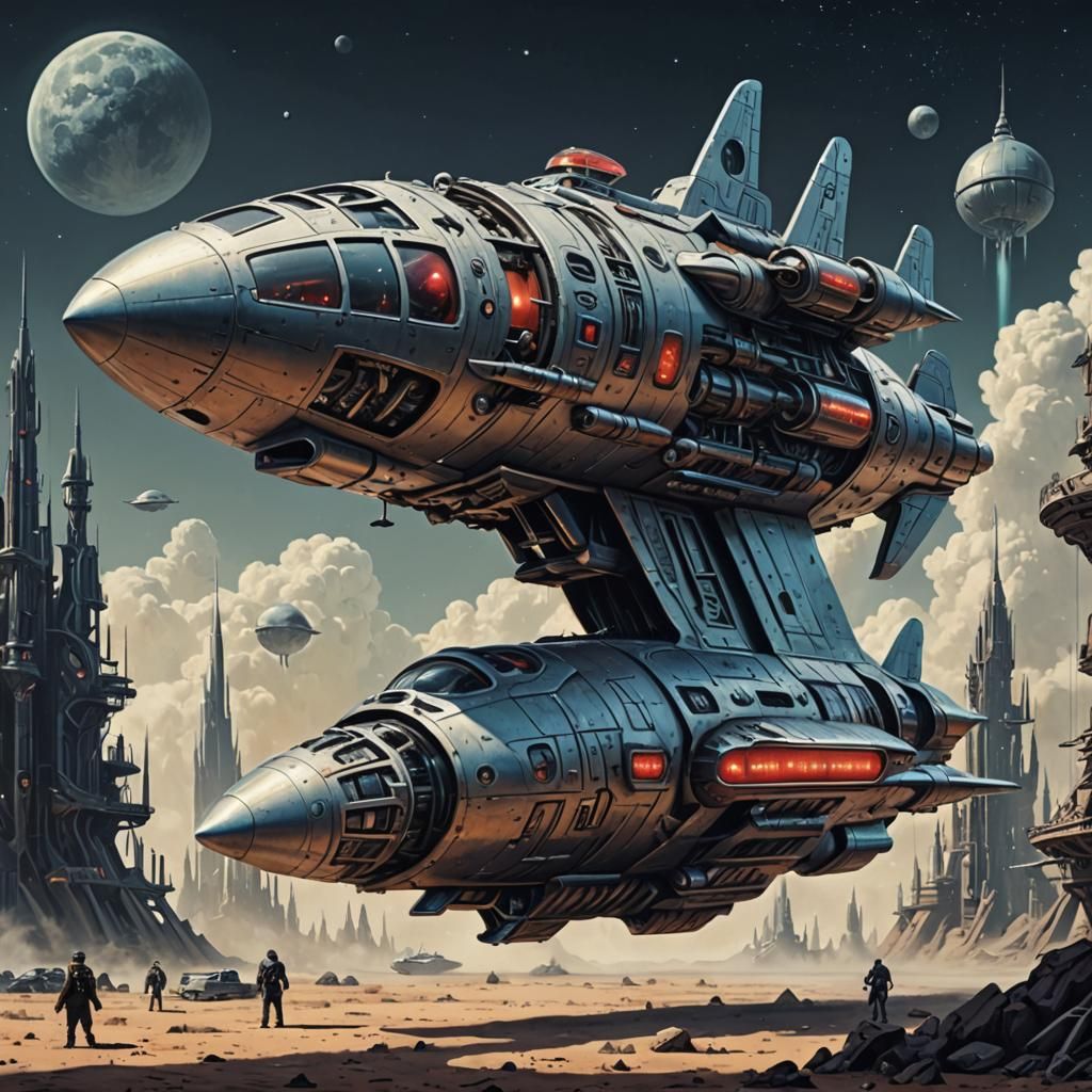 Raygun Gothic Rebels Spaceship in Retrofuturism Style