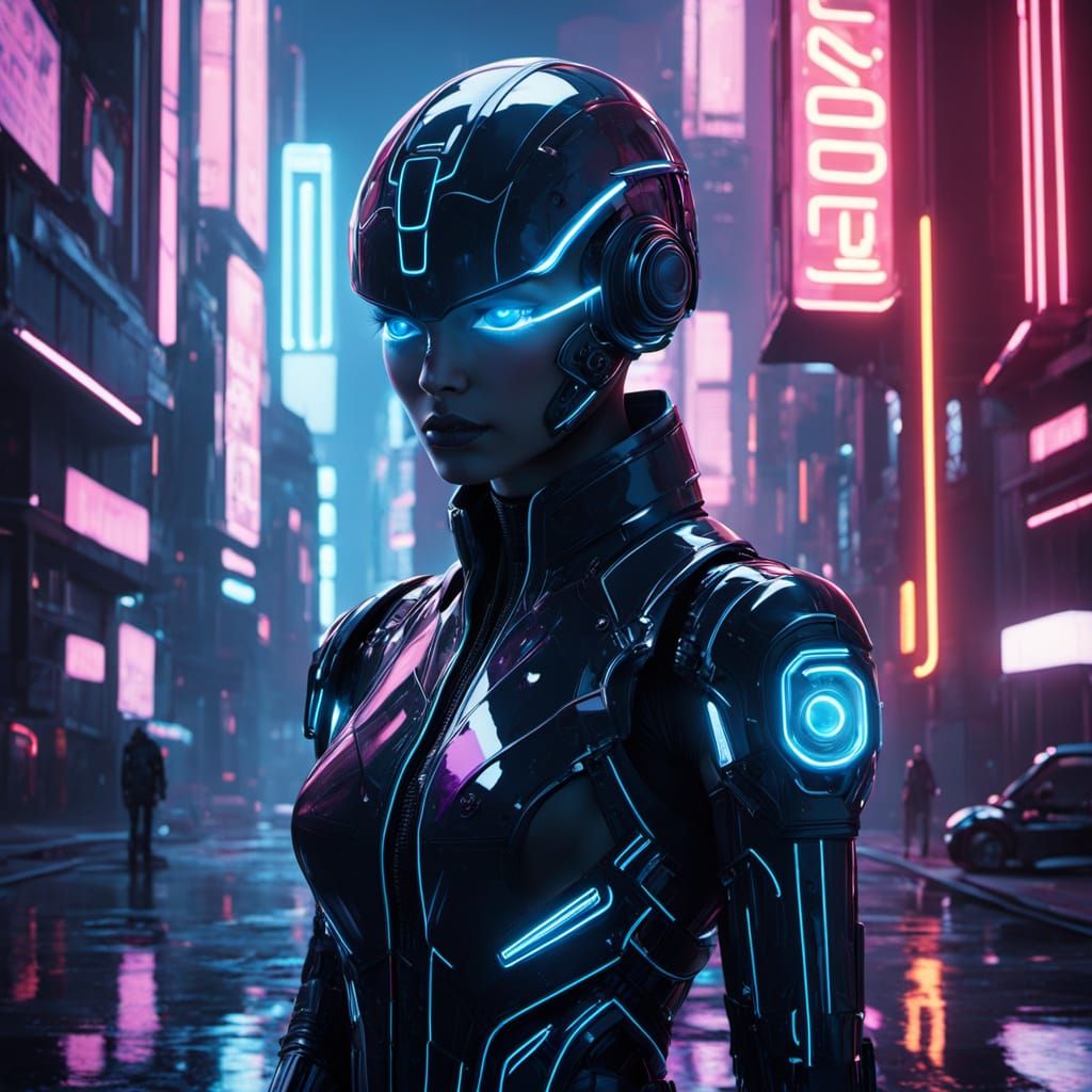 Cyberpunk Woman Robot in Neon City Streets