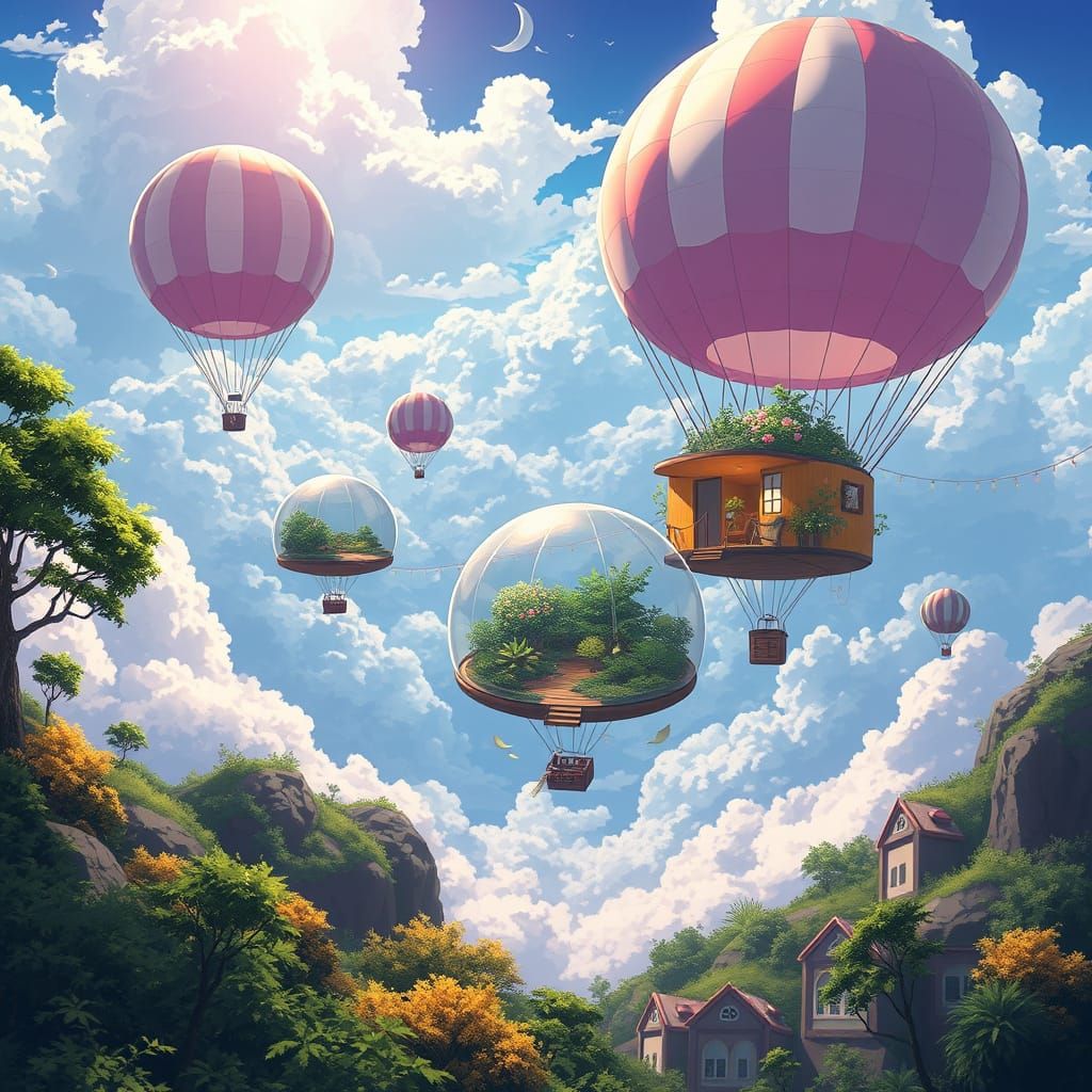 Surreal Solarpunk Oasis Drifts Among Clouds