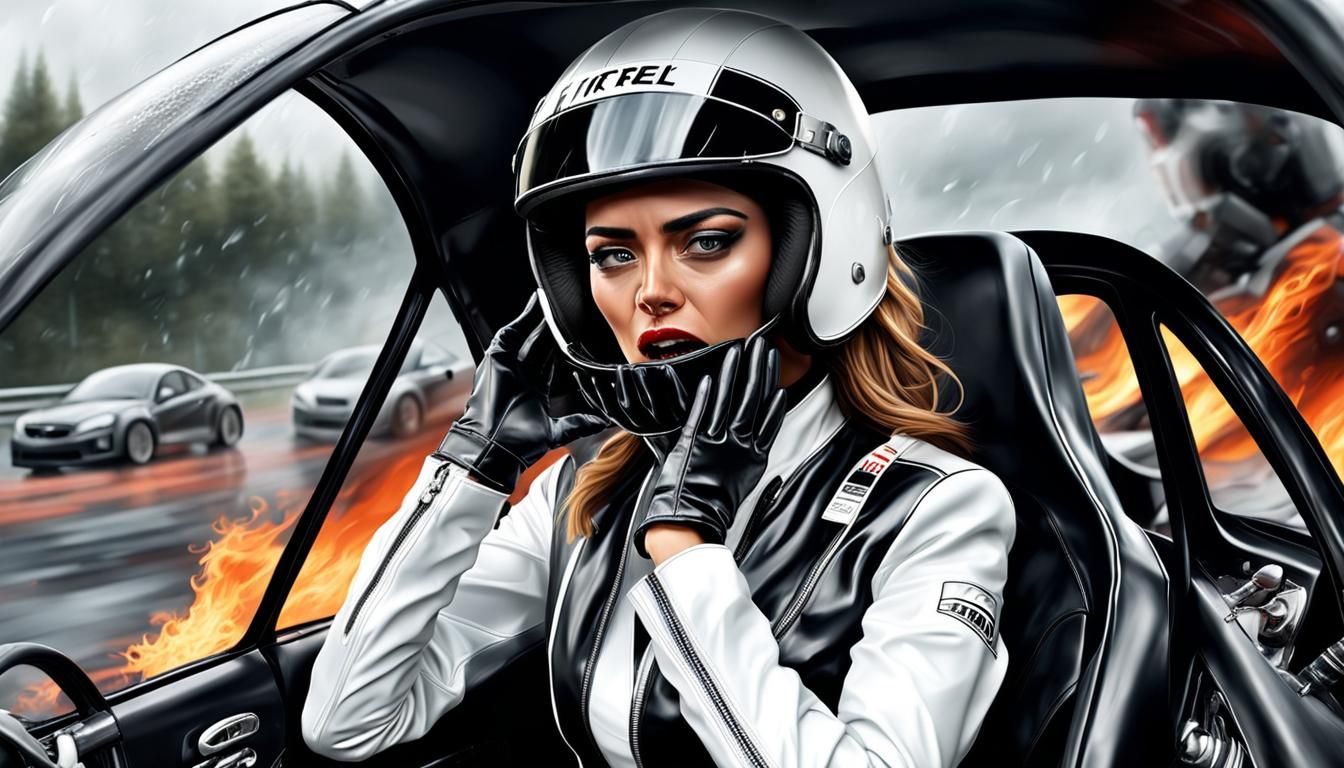 Hyperrealistic Girl in Burning Race Car