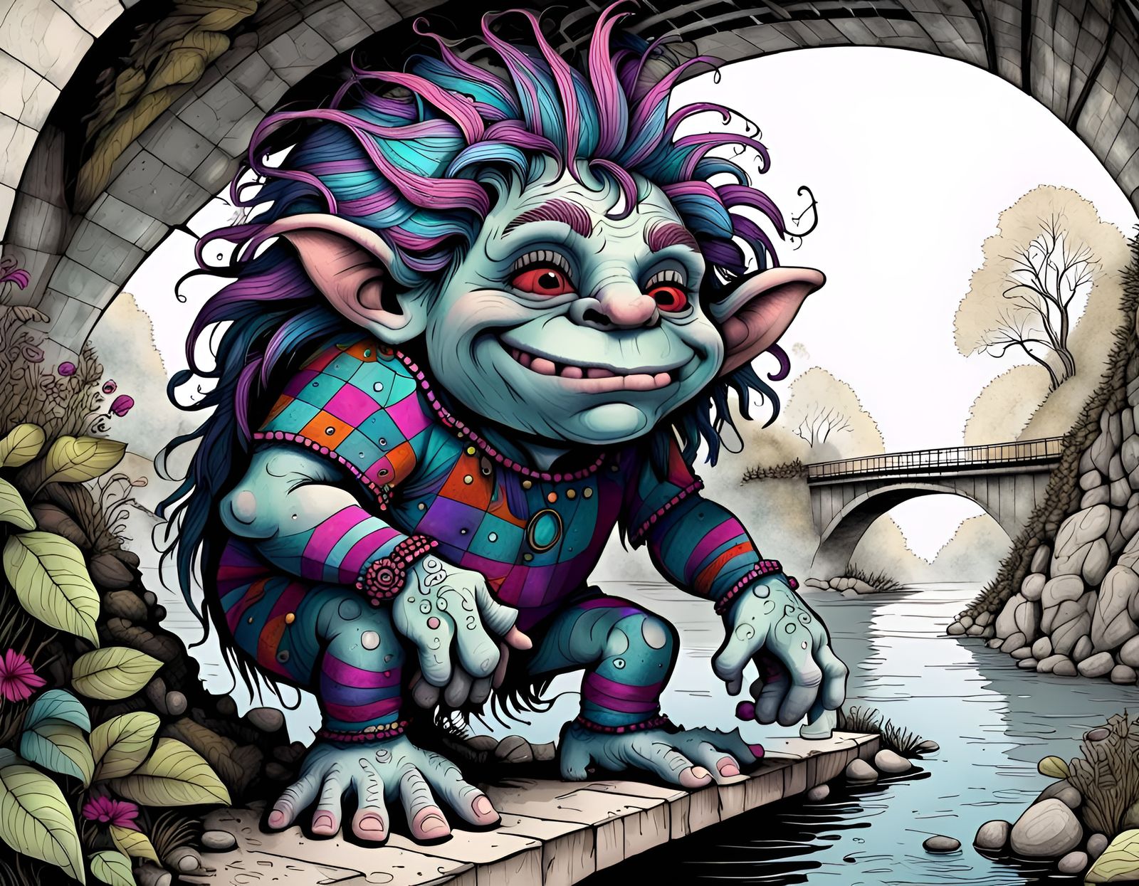 Magical Troll Under Bridge in Zentangle Style