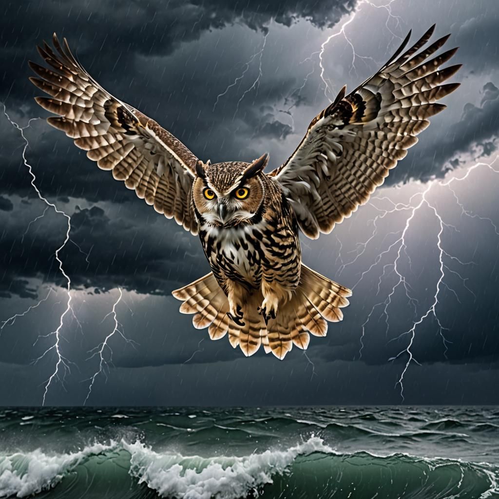 Owl Soaring Over Stormy Ocean With Lightning