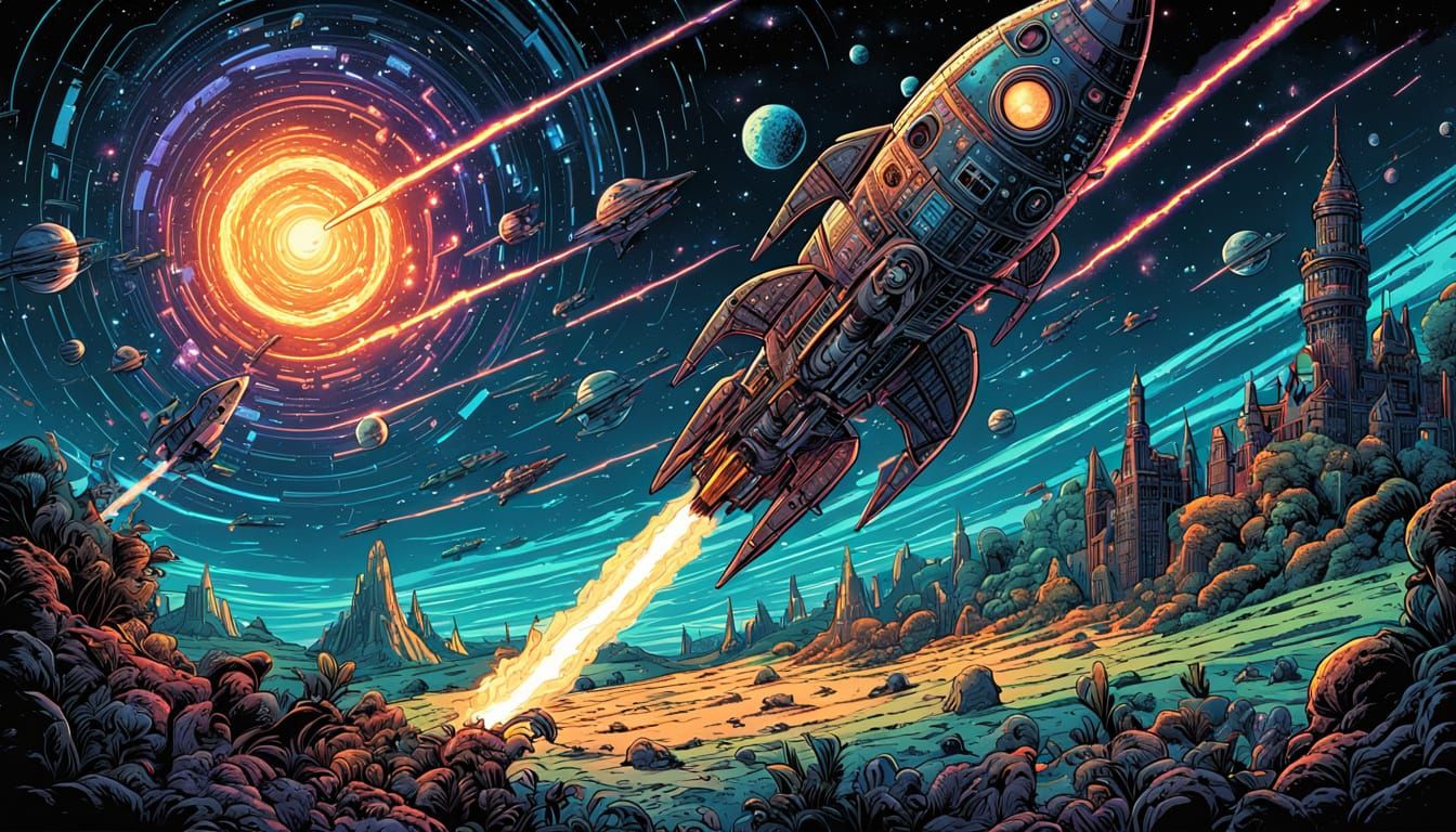 Victorian Rocket Ship and Cosmic Creatures in Space