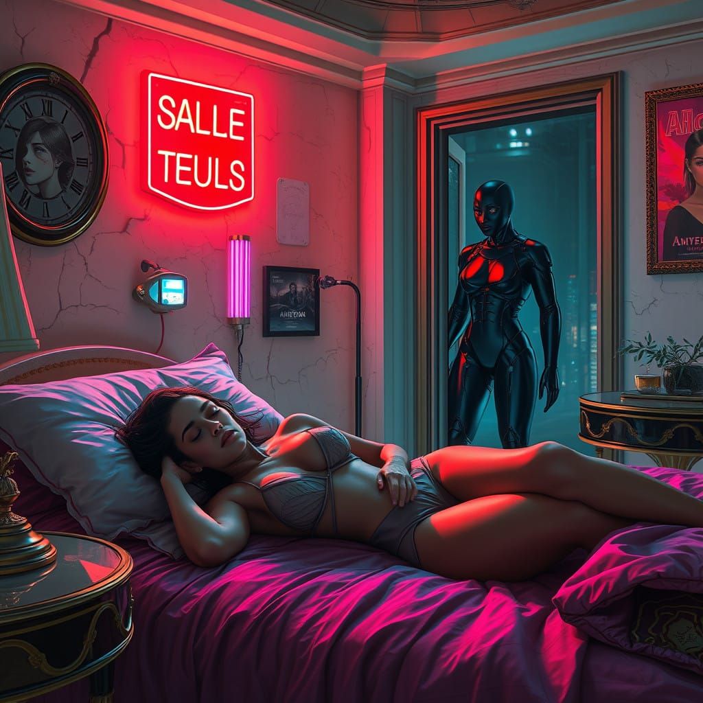 Dystopian Futuristic Cityscape with Sleek Amazon and Sleepin...