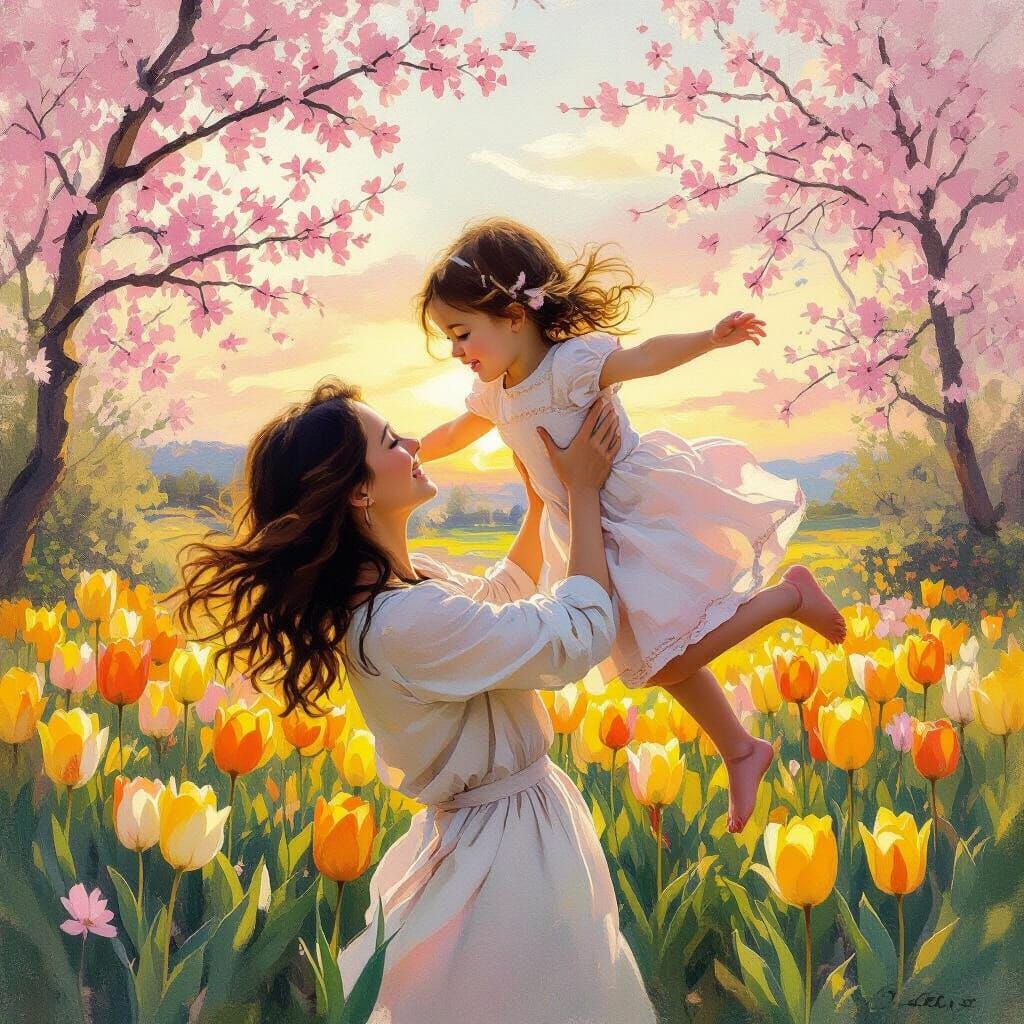 Mother and Daughter in Tulip Field, Impressionist Style