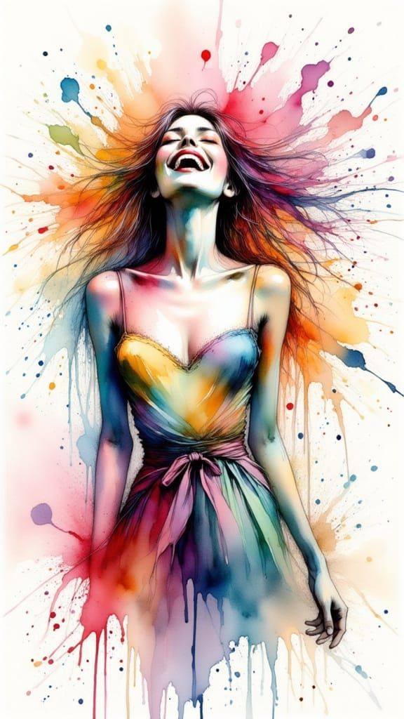 Woman Singing with Joy in Colorful Ink Splatter Style