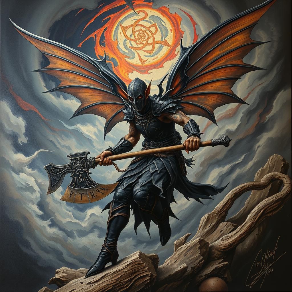 Winged Elf Executioner in Art Deco Landscape