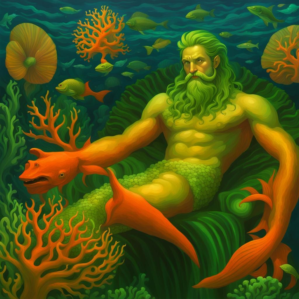 Merman King on Coral Throne in Green Light