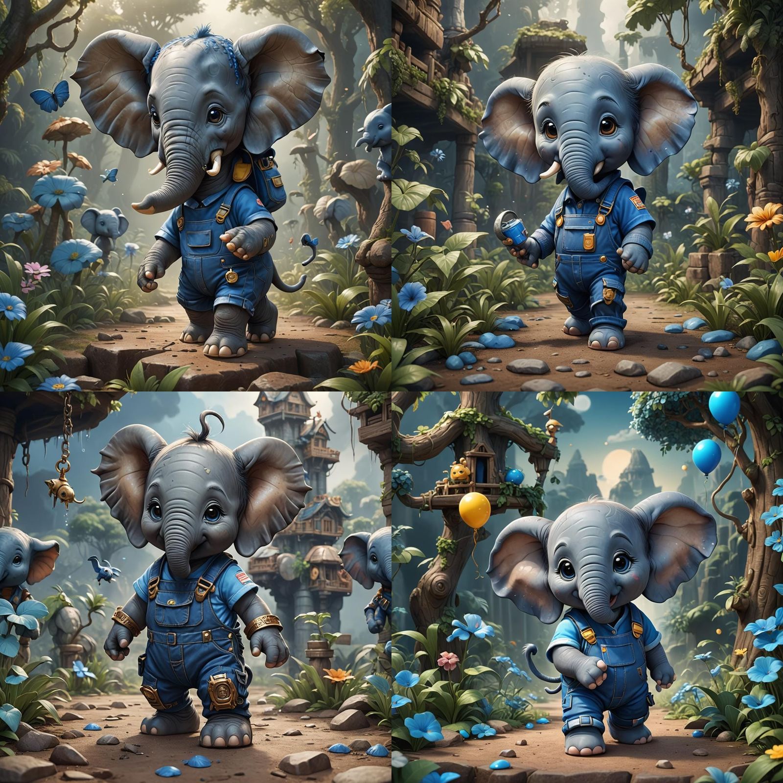 Chibi Elephant in Overalls: Detailed Matte Painting
