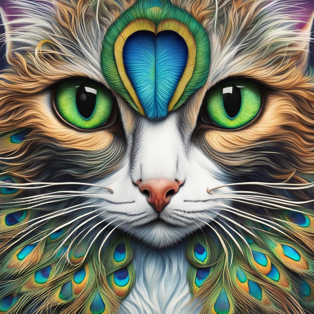Cat-Peacock Hybrid: A Whimsical Anatomical Fusion