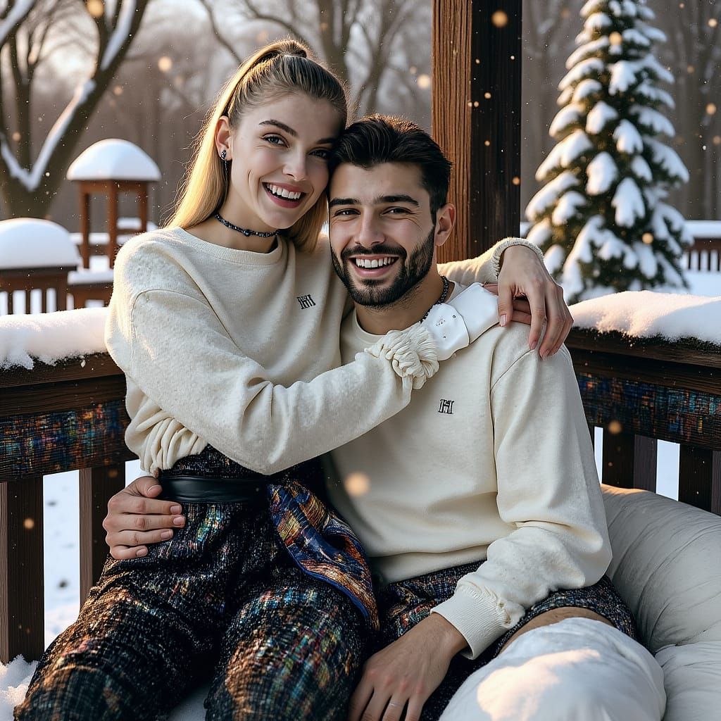 Joyful Couple Laughing in Snowy Golden Hour