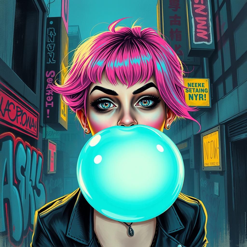 Woman Blowing Bubble in Graffiti Cityscape