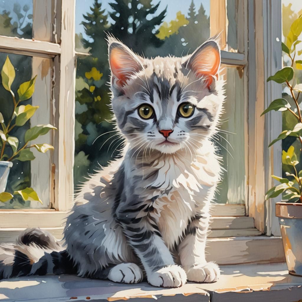 Adorable Kitten on Windowsill in Gouache Style
