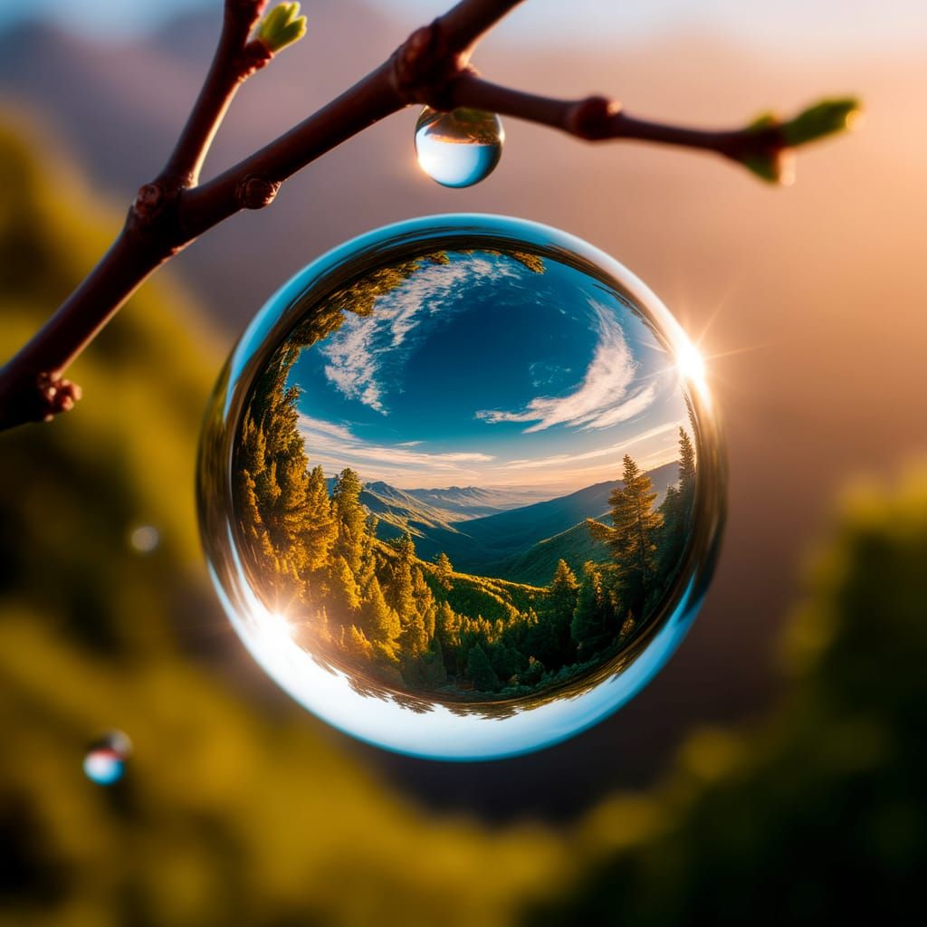 World Reflected in Water Droplet on Branch