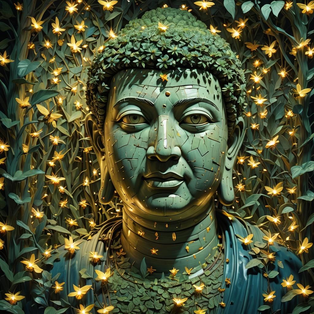 Hyperrealistic Buddha Sculpture with Fireflies and Lights