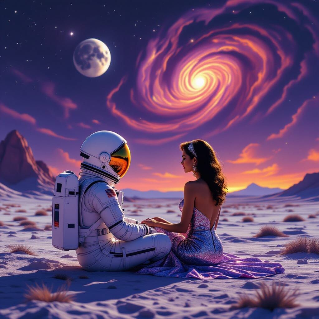 Astronaut and Showgirl on Alien Planet in Surreal Style