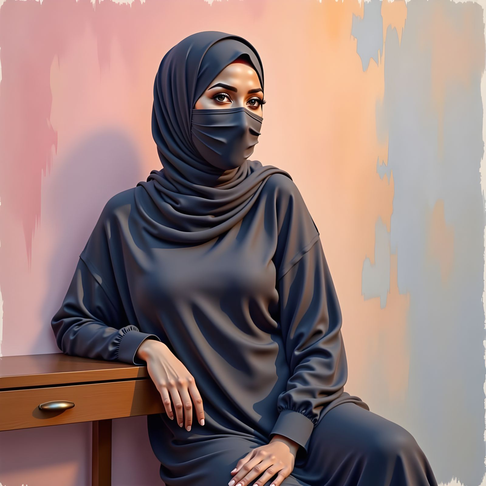 Serene Hijabi Woman on Bench in Oil-Gouache Style