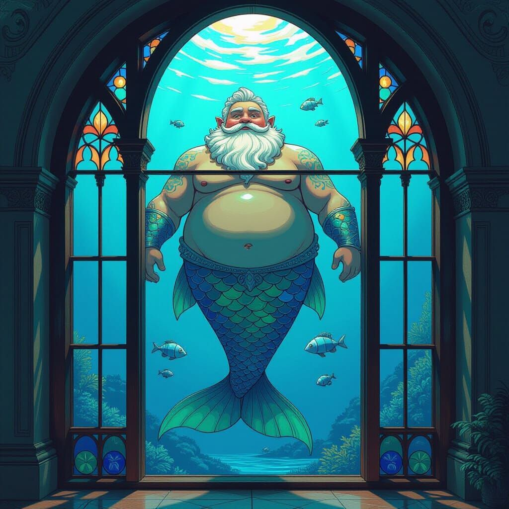 Merman in Stained Glass Seascape, Futuristic Style