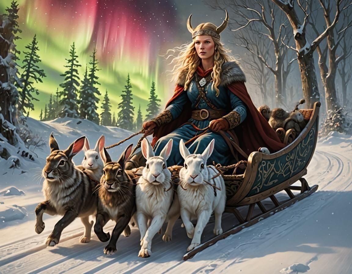 Nordic Goddess Freyja on Rabbit-Pulled Sled