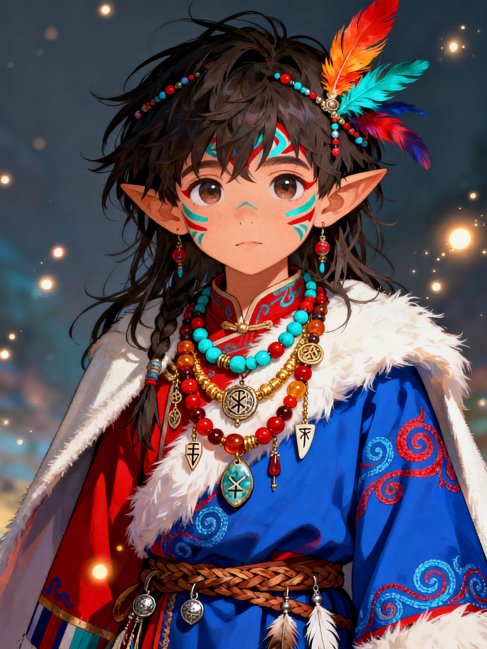 Fantasy Boy With Tribal Markings and Feathers