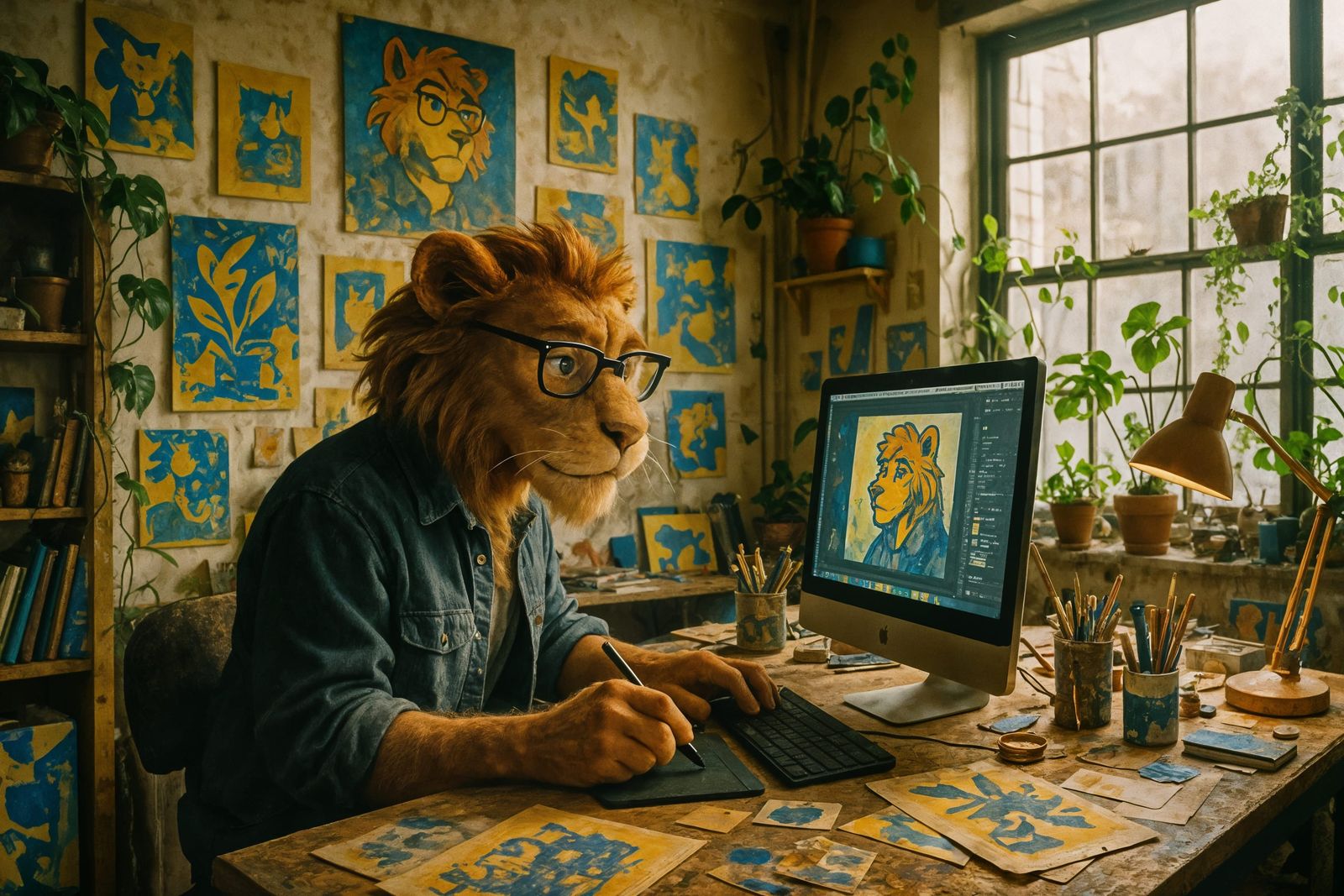 Nerdy Lion Artist in Messy Studio, Analog Photo