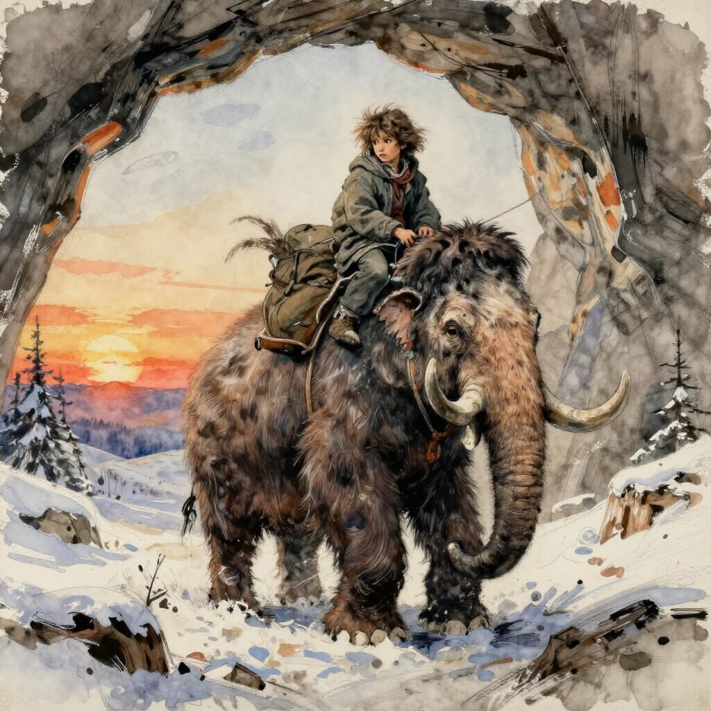 Cave Child Rides Woolly Mammoth at Sunset Sketch