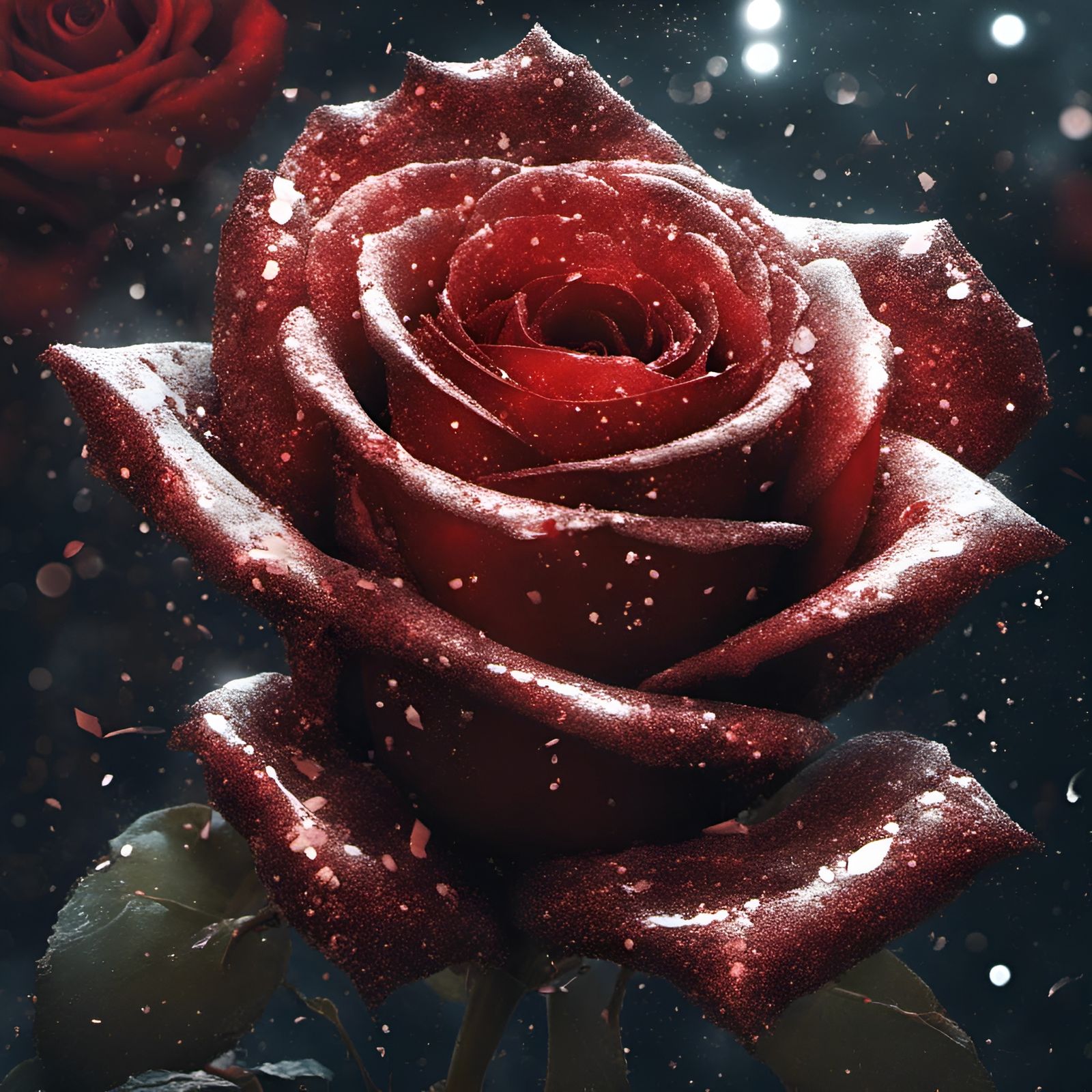 Glittering Red Rose Close-Up: Detailed Digital Art