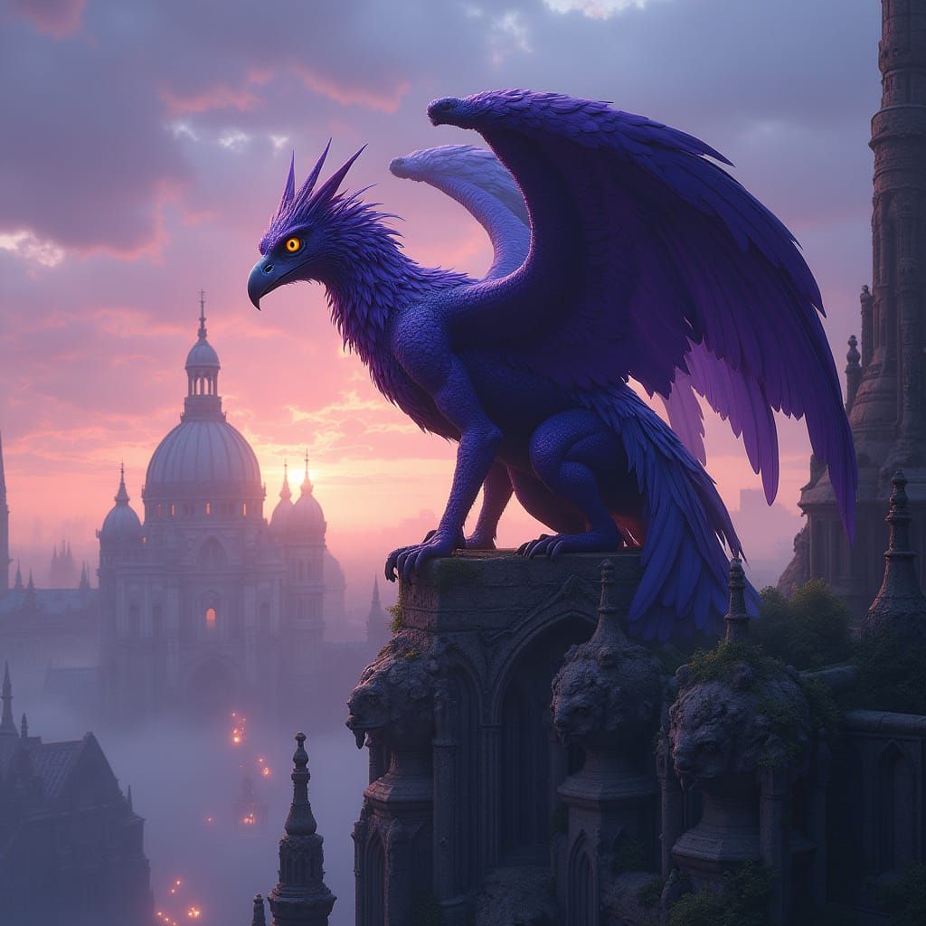 Purple Griffin on Gothic Cathedral in Art Nouveau Style