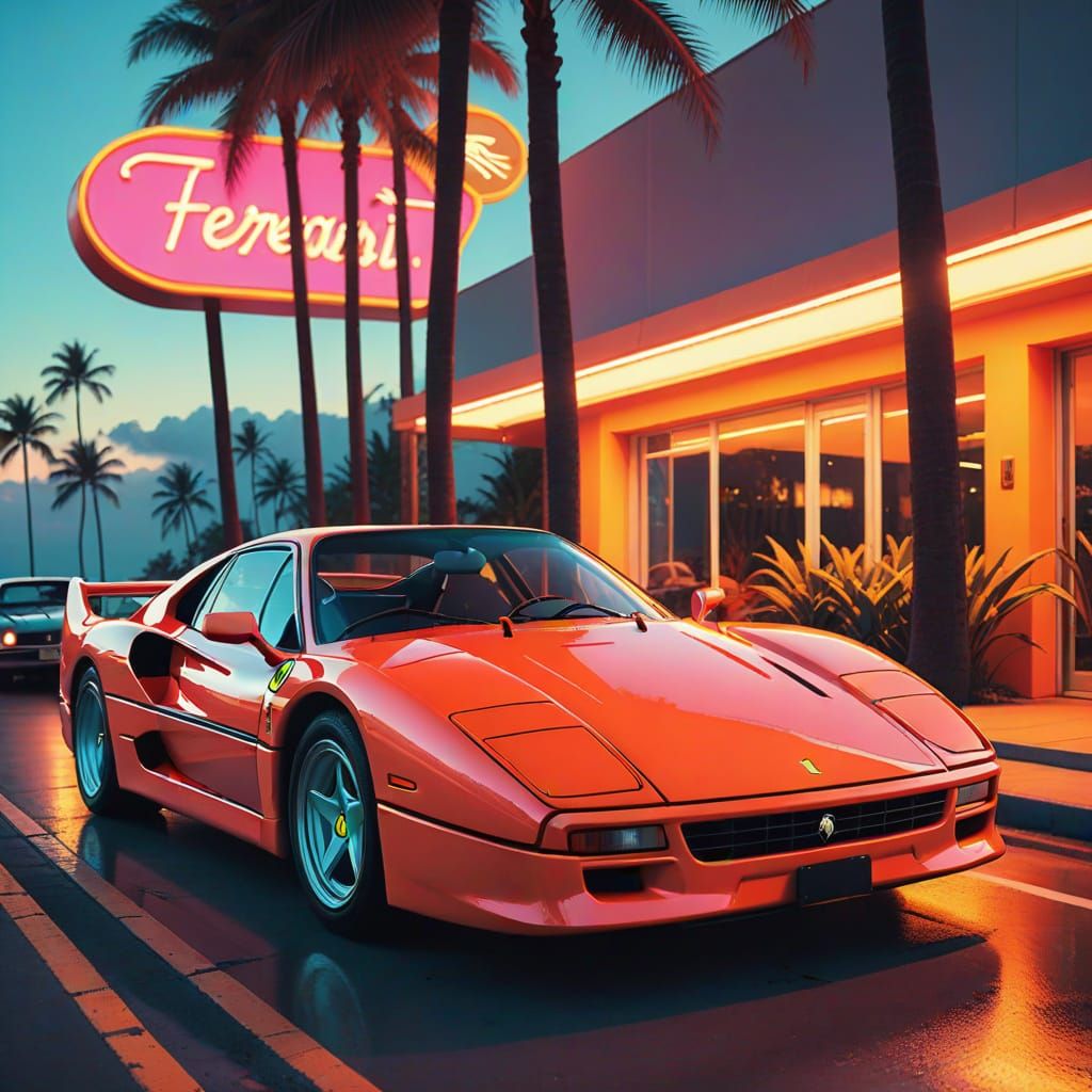 Ferrari F40 in Retro-Futuristic Neon Miami Sunset