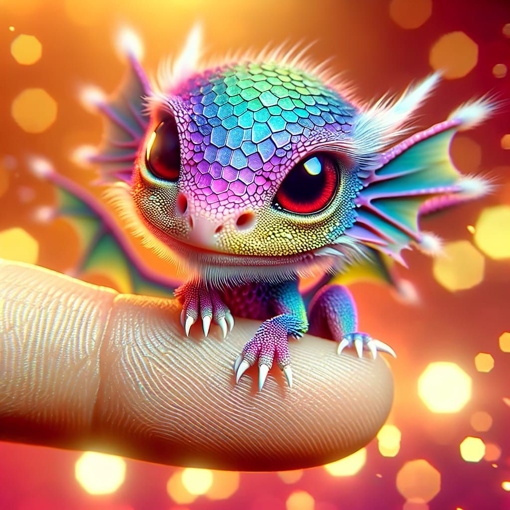 Iridescent Dragon Perched on Finger, Digital Illustration