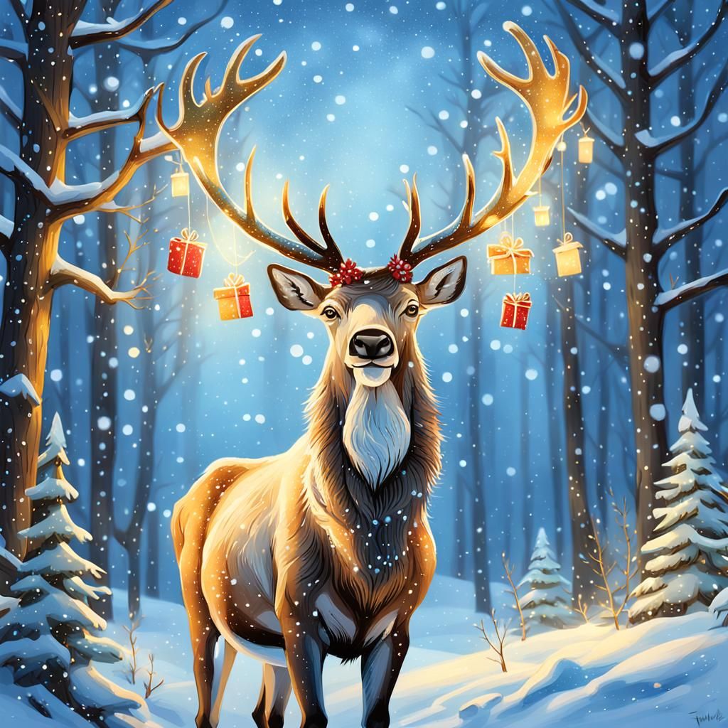 Whimsical Santa Caribou in Winter Wonderland