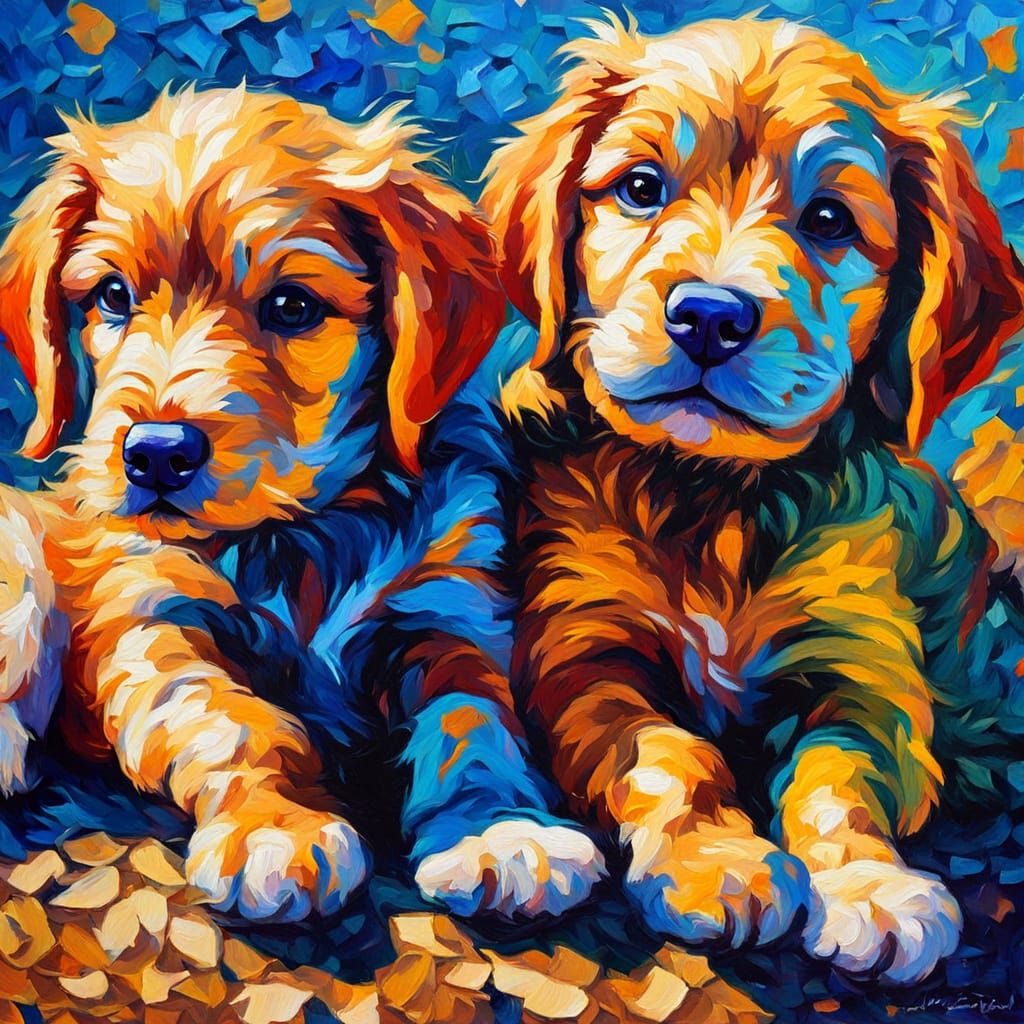 Puppies Play: An Expressionist Oil Painting