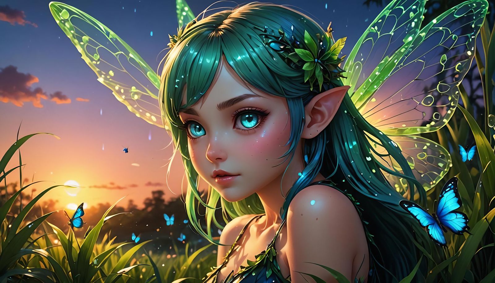 Anime Fairy-Girl in a Bioluminescent Sunset Bug World