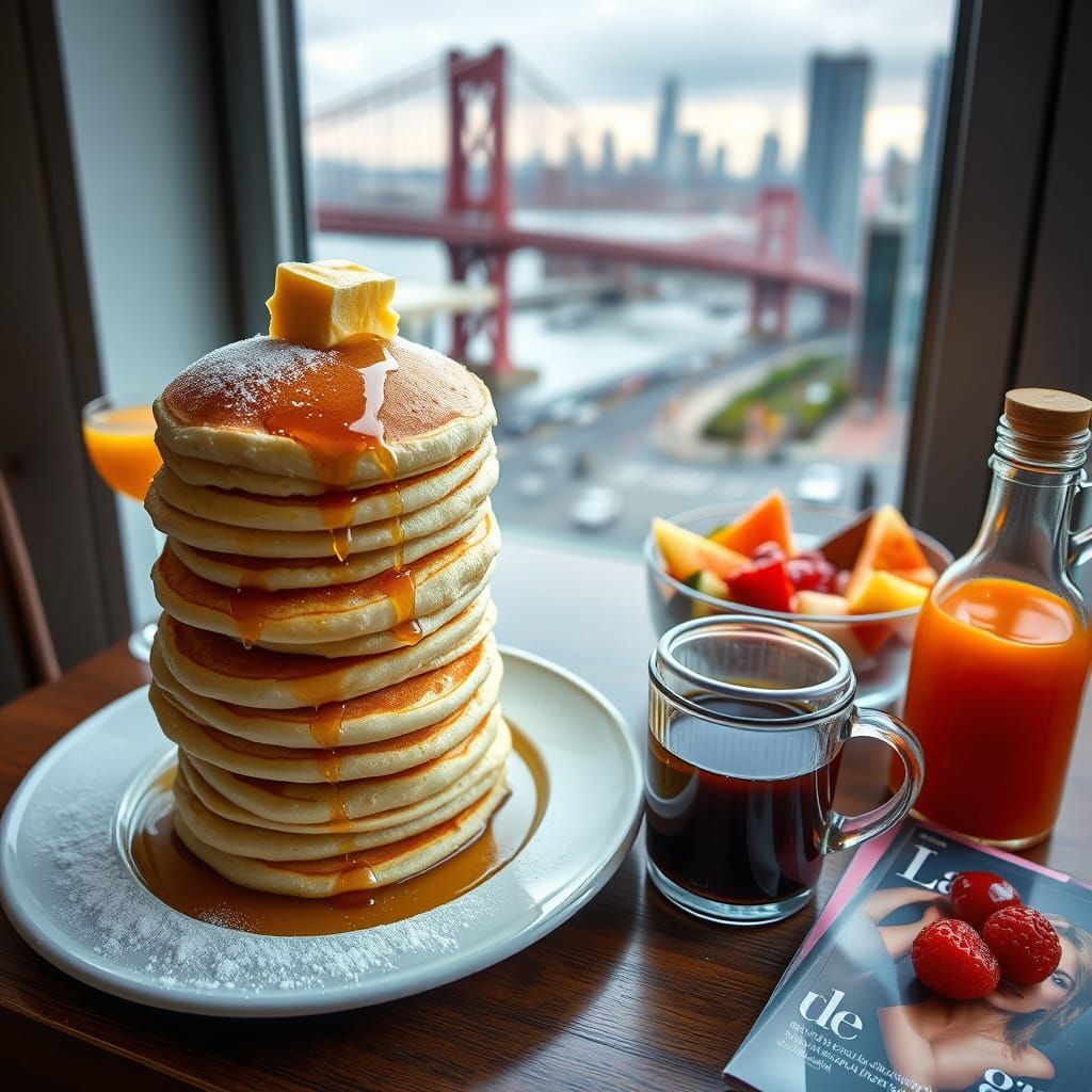 Breakfast Still Life with Pancakes and City View