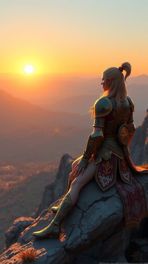 Serene Aasimar Paladin Contemplates Sunset from Mountain Per...